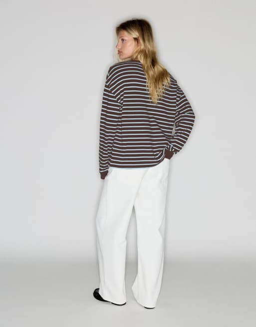 Pull&Bear gestreept T-shirt met lange mouwen in bruin, 2 van 7