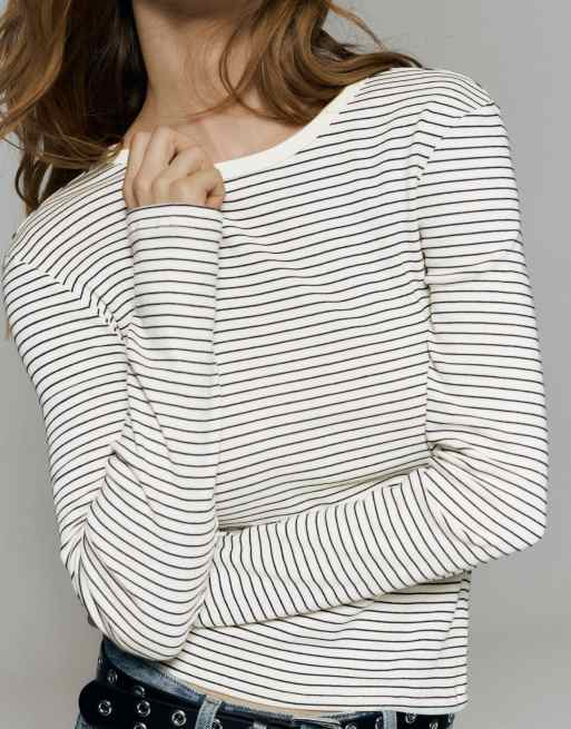 Pull&Bear gestreept T-shirt met lange mouwen in bruin, 3 van 7