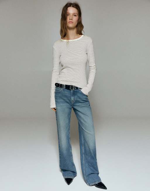Pull&Bear gestreept T-shirt met lange mouwen in bruin, 4 van 7