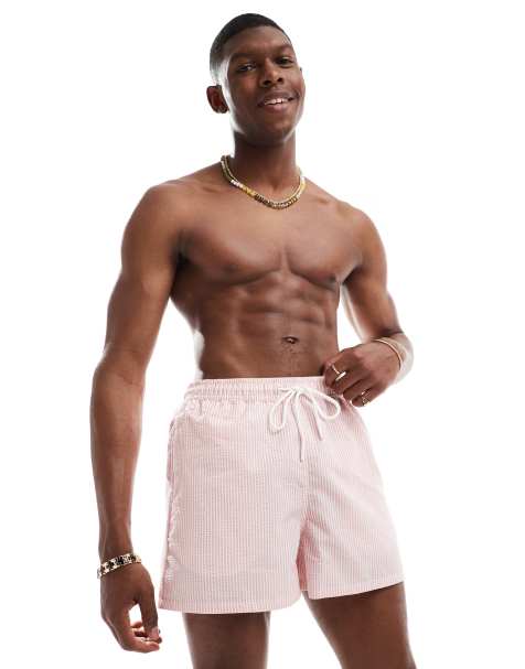 Pull&Bear - Gestreept zwemshort van seersucker in lichtroze - view 1