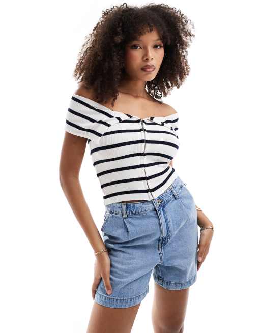 Pull&Bear - Gestreepte Bardot-top met rits in blauw