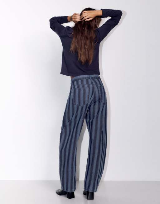 Pull&Bear gestreepte barrel jeans in donkerblauw, 4 van 7