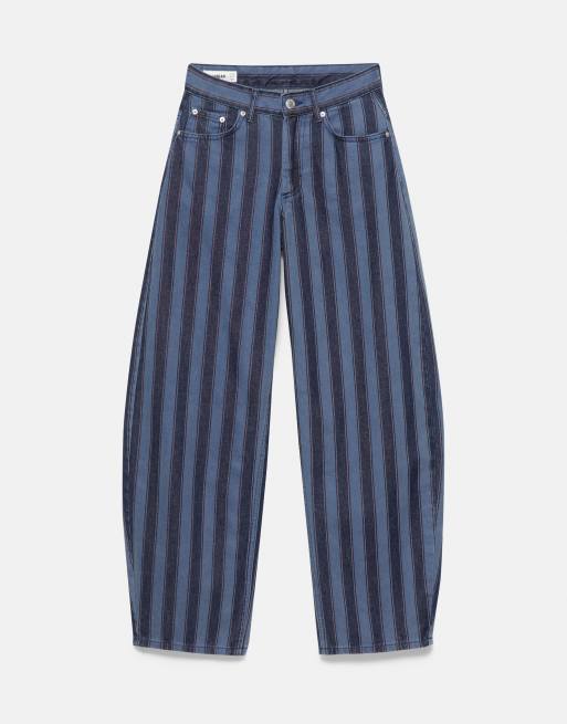 Pull&Bear gestreepte barrel jeans in donkerblauw, 5 van 7