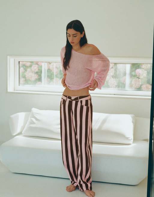 Pull&Bear gestreepte barrel jeans in roze, 6 van 7