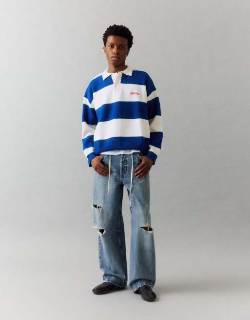 Pull&Bear gestreepte gebreide polo met lange mouwen in blauw/wit, 2 van 7