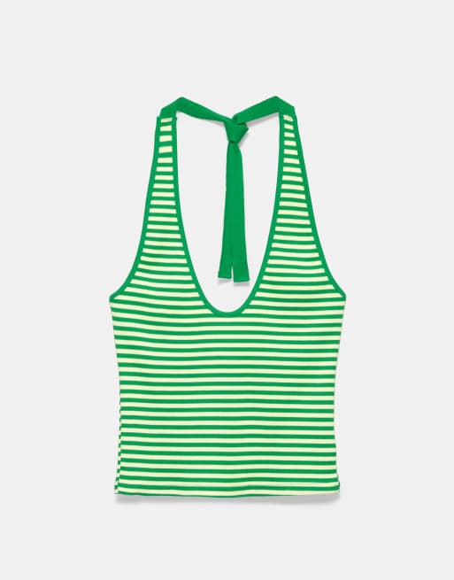Pull&Bear gestreepte haltertop in groen, 6 van 7