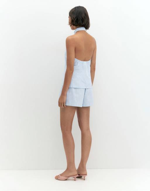 Pull&Bear gestreepte haltertop met koordstoppers in middenblauw, 2 van 7
