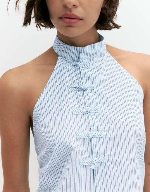 Pull&Bear gestreepte haltertop met koordstoppers in middenblauw, 3 van 7
