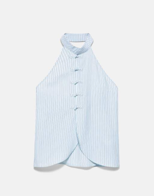 Pull&Bear gestreepte haltertop met koordstoppers in middenblauw, 7 van 7