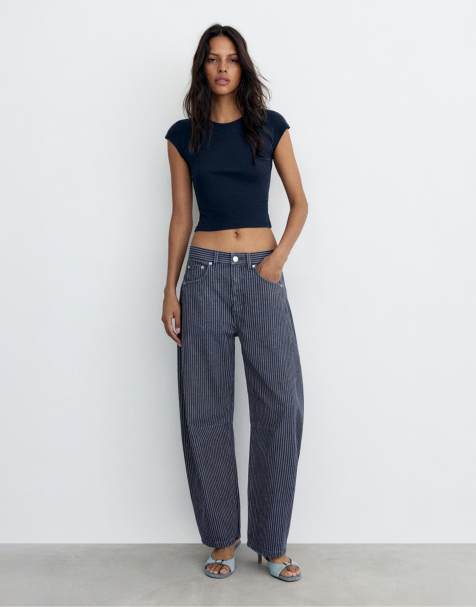 Pull&Bear - Gestreepte jeans met ballonpijpen en naden in medium blauw - view 1
