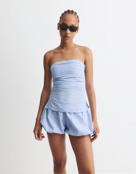 Pull&Bear - Gestreepte poplin bandeau-top in blauw - view 1