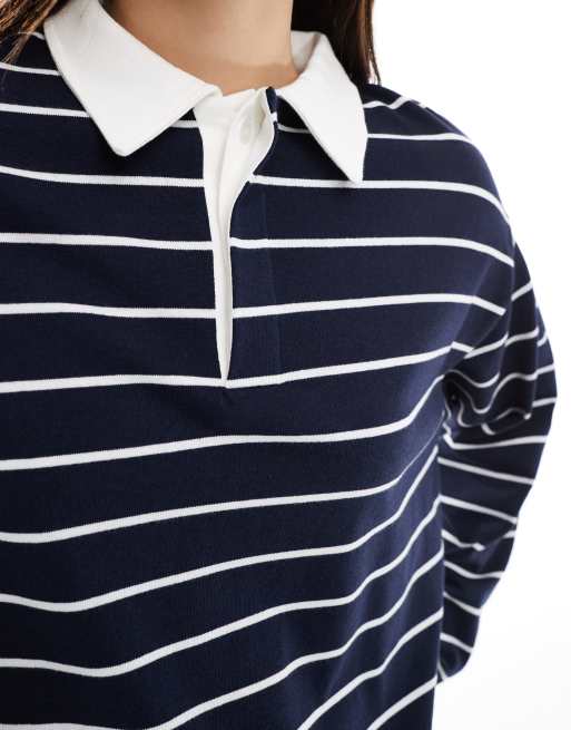 Pull&Bear - Gestreepte rugbytop met lange mouwen in marineblauw, 4 van 4