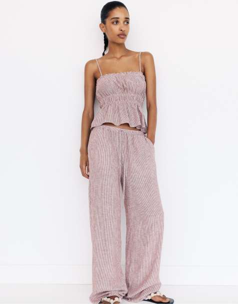Pull&Bear - Gestreepte rustieke sweatpants in bordeauxrood - view 1