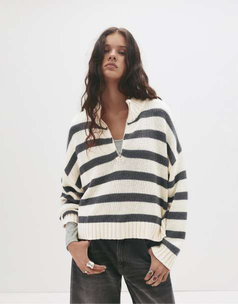 Pull&Bear - Gestreepte sweater met korte rits in zandkleur - view 1
