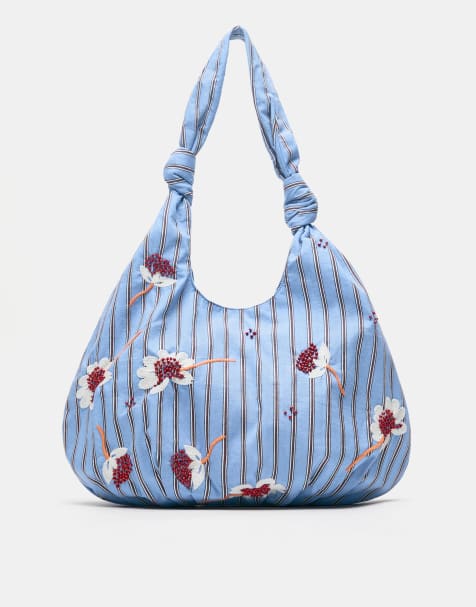 Pull&Bear - Gestreepte tote tas met geborduurde bloemen in blauw - view 1