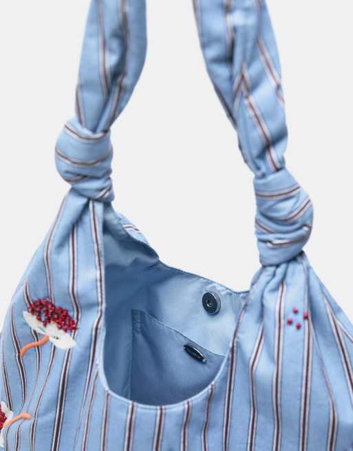 Pull&Bear - Gestreepte tote tas met geborduurde bloemen in blauw, 4 van 4