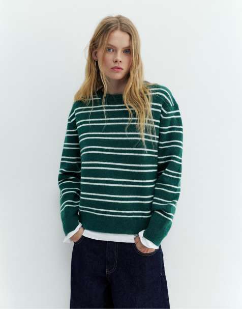 Pull&Bear - Gestreepte trui in flessengroen - view 1