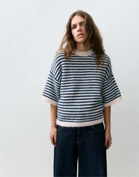 Pull&Bear - Gestreepte trui met korte mouwen in roze - view 1