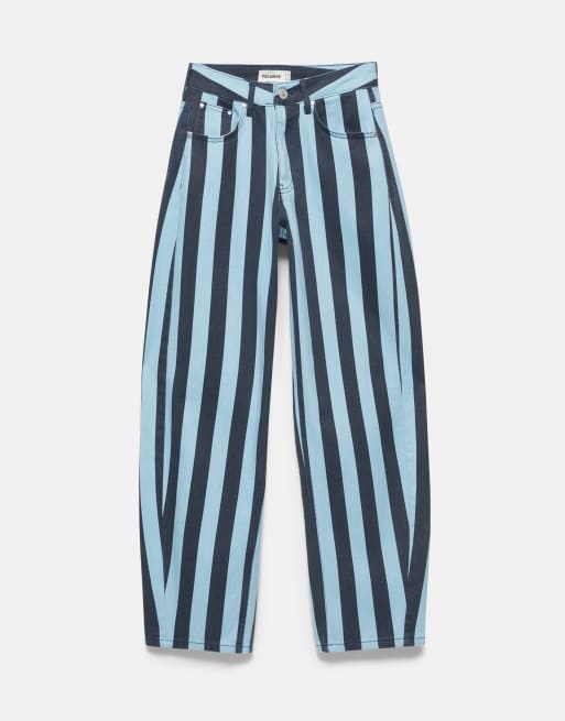 Pull&Bear gestreifte Barrel-Jeans in Türkis, 3 von 7