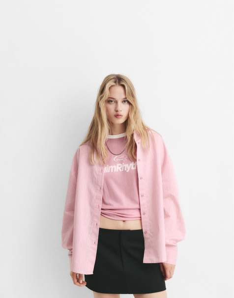 Pull&Bear – Gestreifte Hemdbluse aus Popeline in Rosa - view 1