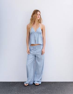 Gestreifte Hose im Pyjama-Stil in Blau mit Leinenanteil Blau L