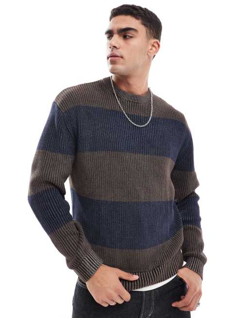 Pull&Bear – Gestreifter Strickpullover in Khaki 