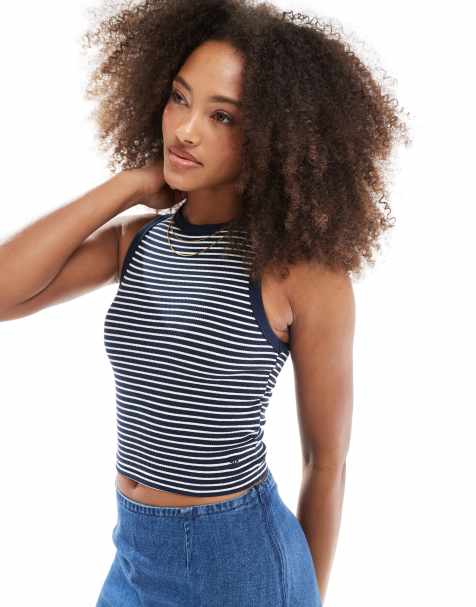 Pull&Bear – Gestreiftes, geripptes Trägertop in Marineblau mit Ringerrücken - view 1