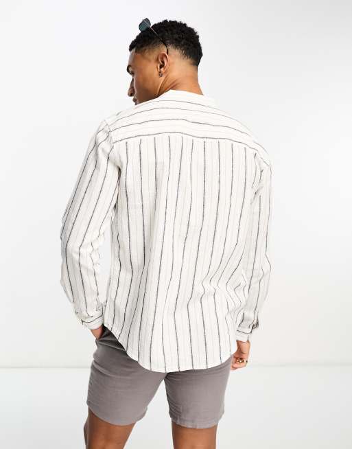 Pull&Bear – Gestreiftes Hemd aus Leinen in Ecru mit Grandad-Kragen , 4 von 4