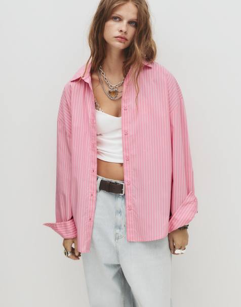 Pull&Bear – Gestreiftes Hemd in Mittelrosa - view 1