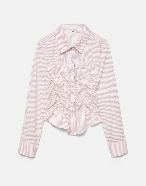 Pull&Bear gestreiftes Hemd mit Raffungen in Rosarot, 6 von 6