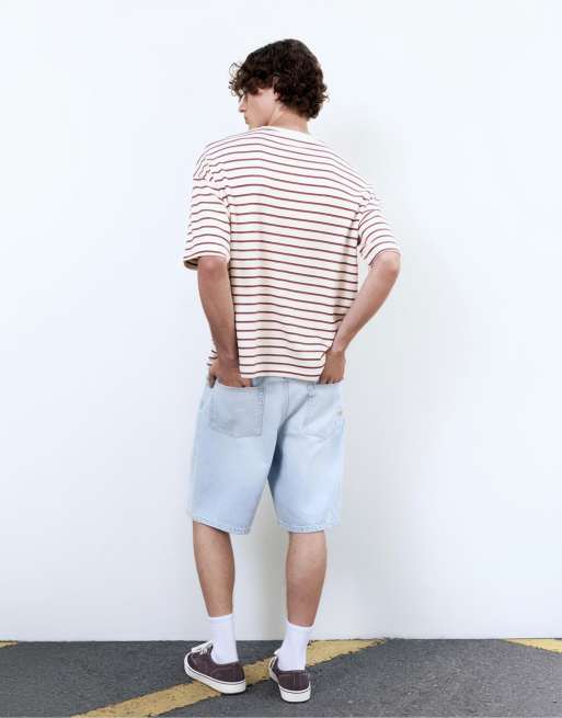 Pull&Bear – Gestreiftes, kastiges T-Shirt in Wollweiß, 4 von 4
