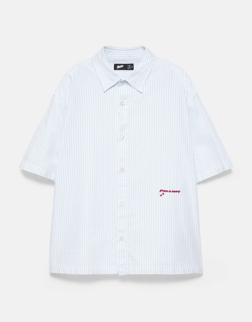 Pull&Bear gestreiftes kurzärmeliges Hemd in hellem Ecru, 2 von 4