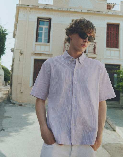 Pull&Bear gestreiftes kurzärmeliges Hemd in lavendelblau gestreift, 4 von 7