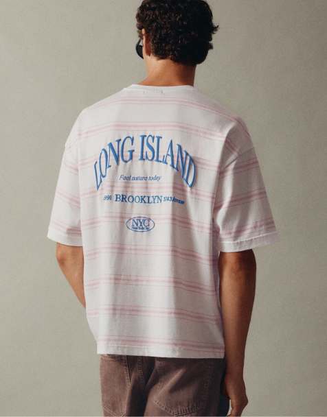 Pull&Bear gestreiftes NYC-Grafik-T-Shirt in Braun - view 1
