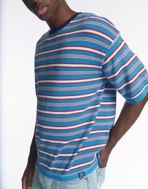 Pull&Bear gestreiftes Strick-T-Shirt in Hellblau, 3 von 6