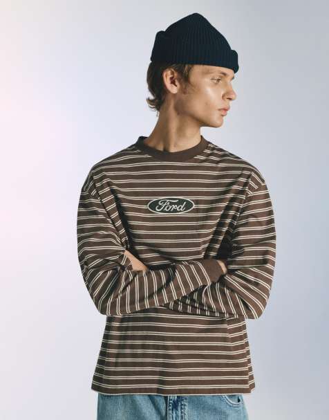 Pull&Bear – Gestreiftes T-Shirt in Braun mit Ford-Print - view 1