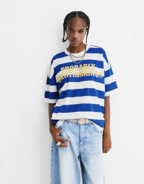 Pull&Bear – Gestreiftes T-Shirt in kräftigem Blau mit Schriftzug - view 1