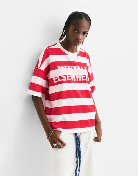 Pull&Bear – Gestreiftes T-Shirt in Rot mit Schriftzug - view 1