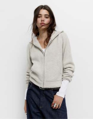 Pull & Bear - Gestrickte Kapuzenjacke in Beige-Neutral