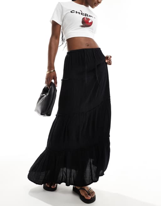 Pull&Bear – Gestufter Maxirock in Schwarz
