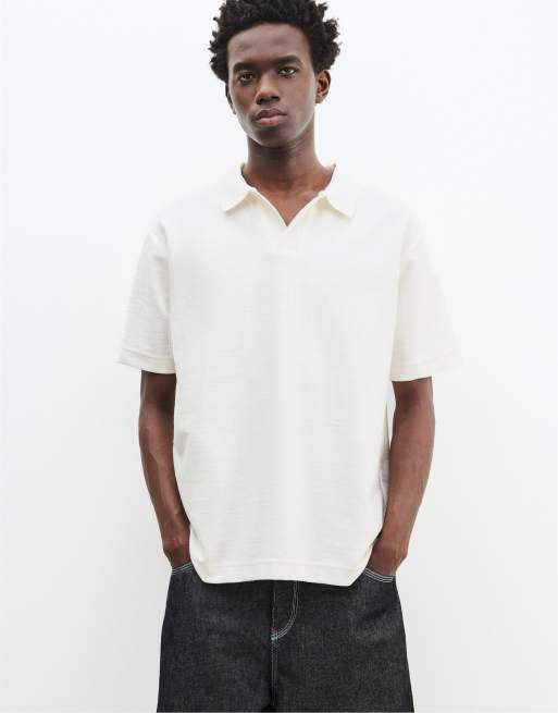 Pull&Bear - Getextureerde polo met korte mouwen in gebroken wit