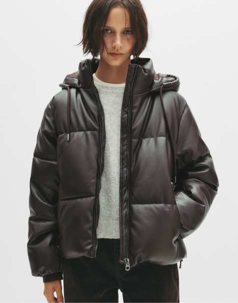 Pull&Bear - Gewatteerd jack met capuchon in bruin - view 1