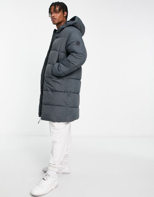 Pull&Bear - Gewatteerd jack met lange pasvorm en capuchon in grijs