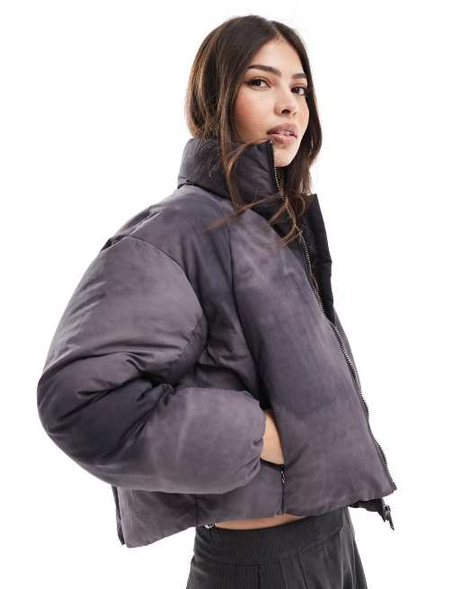 Pull&Bear - Gewatteerd jack met verwassen effect in grijs