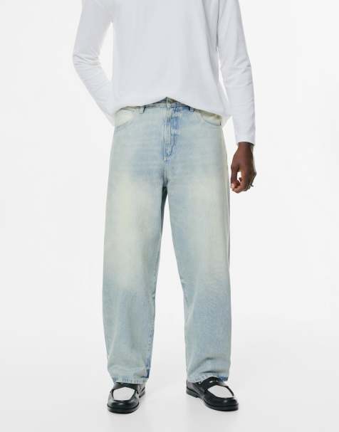Pull&Bear - Gewaxte ruimvallende baggy jeans met halfhoge taille in vaalblauw - view 1