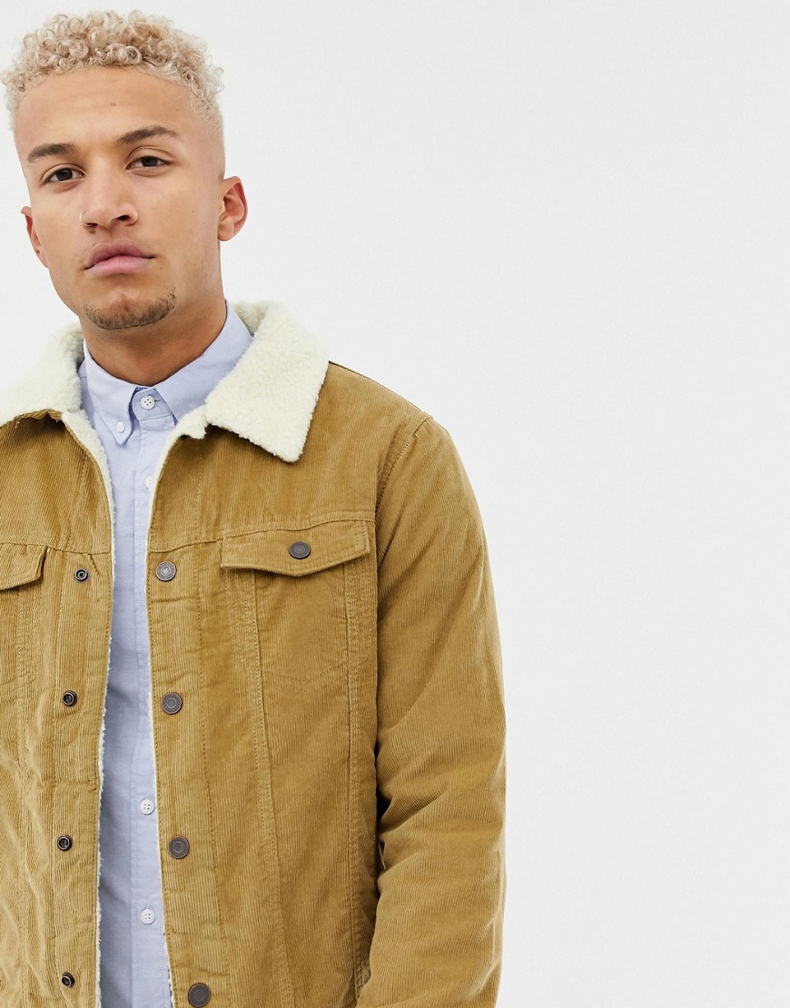 Pull&Bear - Giacca a coste color cuoio con fodera in pile borg-Beige