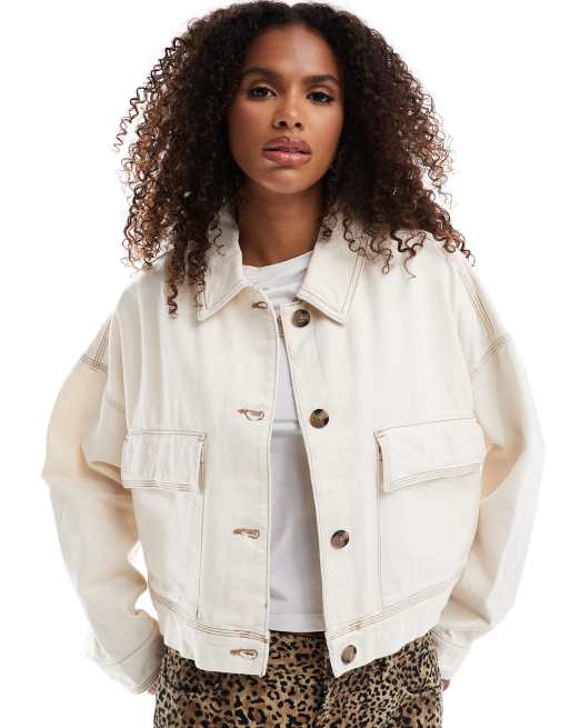 Pull&Bear - Giacca bianca in cotone con cuciture a contrasto