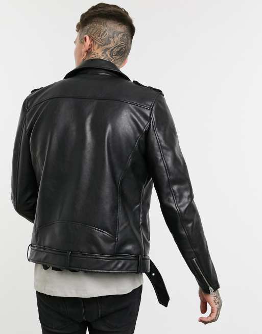 Pull&Bear - Giacca biker in pelle sintetica nera, 2 di 4