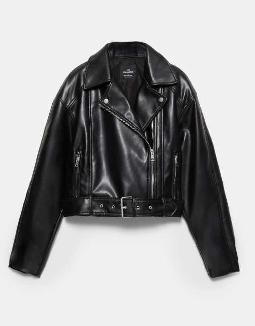 Pull&Bear - Giacca biker in pelle sintetica nera, 6 di 7