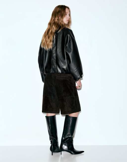 Pull&Bear Giacca bomber in pelle nera effetto palloncino ASOS